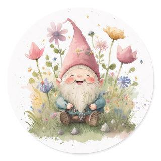 Cute Gnome In Garden Classic Round Sticker