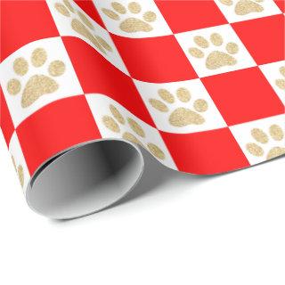 Cute Gold Glitter Paw Print Red Checkered Pattern