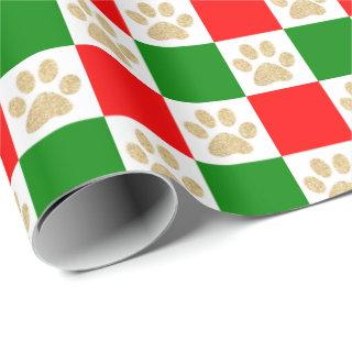 Cute Gold Glitter Paw Print Red Green Checkered