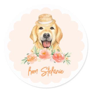Cute Golden Retriever and Peach Flowers Birthday Classic Round Sticker