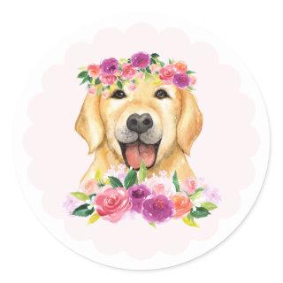 Cute Golden Retriever and Purple Flowers Dog Classic Round Sticker