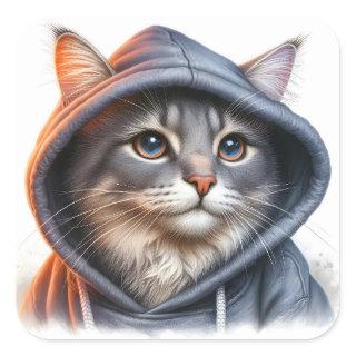 Cute Gray and White Tabby Cat Golden Eyes Hoodie  Square Sticker