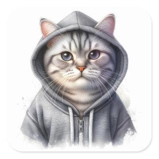Cute Gray and White Tabby Cat Wearing a Hoodie Square Sticker