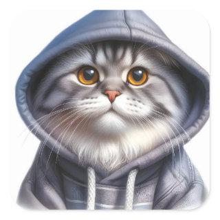 Cute Gray and White Tabby Cat Wearing a Hoodie  Square Sticker