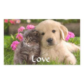 Cute Gray Kitten Love Puppy Dog Golden Retriever  Rectangular Sticker