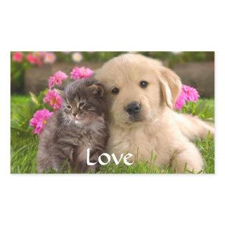 Cute Gray Kitten Love Puppy Dog Golden Retriever  Rectangular Sticker