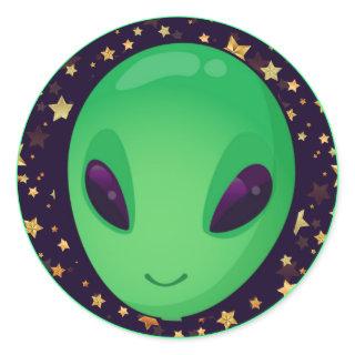 Cute Green Alien On Gold Stars Fun Classic Round Sticker