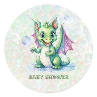Cute Green Dragon with Bubbles Boy Baby Shower Classic Round Sticker