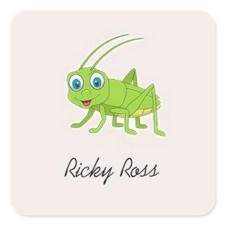 Cute green grasshopper purple square sticker