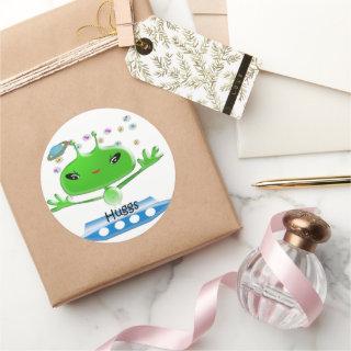 Cute Green Outer Space Aliens with Space Ship Classic Round Sticker