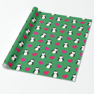 Cute green penguin hearts pattern
