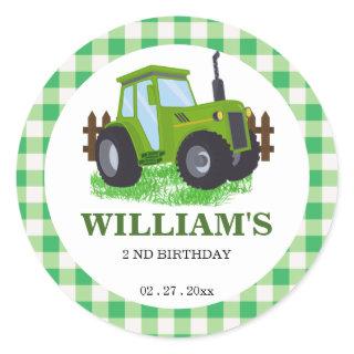 Cute Green Tractor Birthday Party  Classic Round Sticker