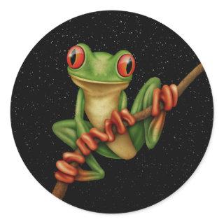 Cute Green Tree Frog on a Branch with Stars Classic Round Sticker