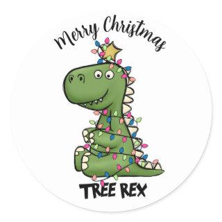 Cute Green Tree Rex Dino Lights Merry Christmas Classic Round Sticker