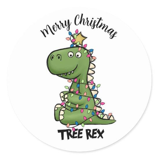 Cute Green Tree Rex Dino Lights Merry Christmas Classic Round Sticker