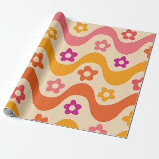 Cute Groovy flowers pattern on retro waves