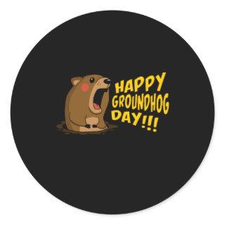 Cute Groundhog Screaming Happy Groundhog Day Classic Round Sticker