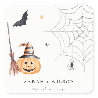 Cute Halloween Pumpkin Spiderweb Spooky Wedding Square Sticker