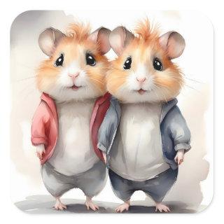 Cute Hamsters Jackets Best Pals Friends Portrait  Square Sticker