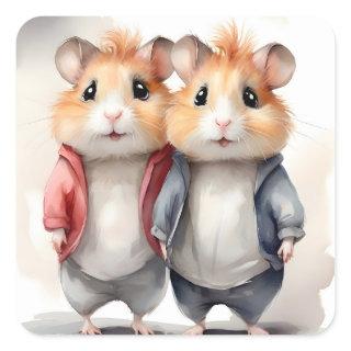 Cute Hamsters Jackets Best Pals Friends Portrait  Square Sticker