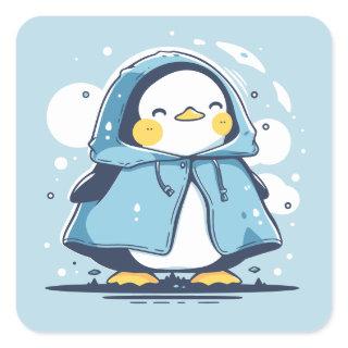 Cute Happy Adorable Kawaii Penguin in a Raincoat Square Sticker
