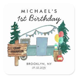 Cute Happy Camper Van Trees Camping Kids Birthday Square Sticker