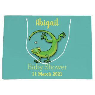 Cute happy green gecko greetings with bug cartoon  large gift bag