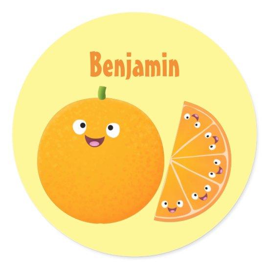 Cute happy orange citrus fruit cartoon classic round sticker