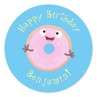 Cute happy pink glazed donut cartoon classic round sticker