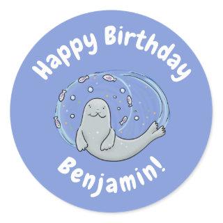 Cute happy seal and fish blue cartoon illustration