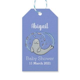 Cute happy seal and fish blue cartoon illustration gift tags