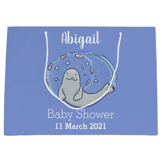 Cute happy seal and fish blue cartoon illustration large gift bag