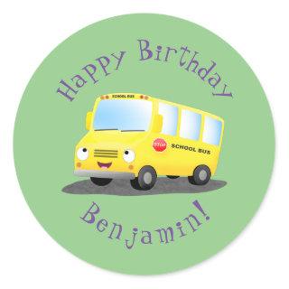 Cute happy yellow school bus cartoon classic round sticker
