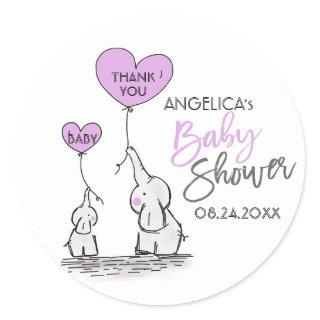 Cute Heart LAVENDER Elephant Mommy & Baby Shower Classic Round Sticker