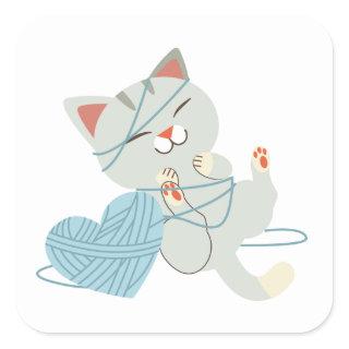 Cute Hello Love Gray Kitty Kitten Cartoon Cat Square Sticker