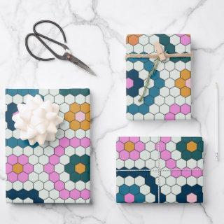 Cute Hexagon Shapes Tile Pattern Retro Teal Pink  Sheets