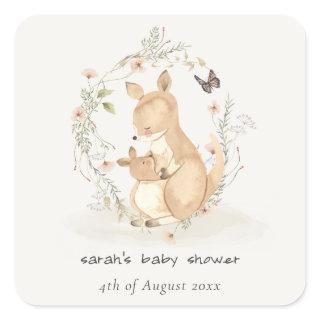 Cute Joey Mama Kangaroo Floral Wreath Baby Shower Square Sticker