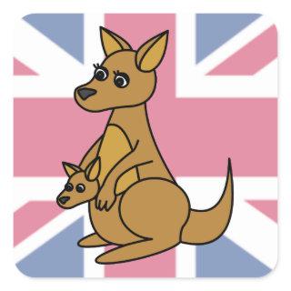 Cute Kangaroo and Joey Flag Background Square Sticker