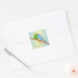 Cute kissing budgies -acrylic on pastel backgroud  square sticker