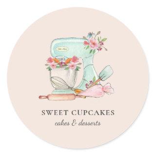 Cute Kitchen mixer with flowers Bakery   Classic Round Sticker