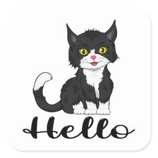 Cute Kitten Kitty Cartoon Black Cat Hello Square S Square Sticker