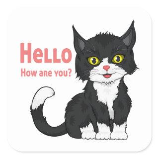 Cute Kitten Kitty Cartoon Black Cat Hello Square Sticker