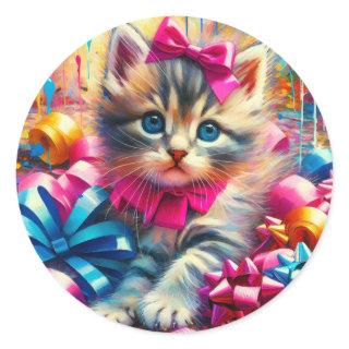 Cute Kitten Playing in Birthday Bows  Classic Round Sticker