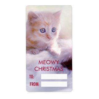 Cute Kitten Resting On a Santa Hat Meowy Christmas Label