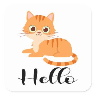 Cute Kitty Orange Tabby Kitten Cartoon Hello Cat Square Sticker