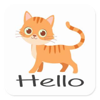 Cute Kitty Orange Tabby Kitten Cartoon Hello Cat Square Sticker