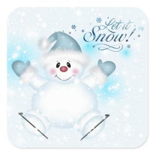 Cute Let It Snow Ice Skating Snowman Square Sticker