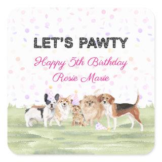 Cute Let's Pawty Pink Custom Dog Birthday Party Square Sticker