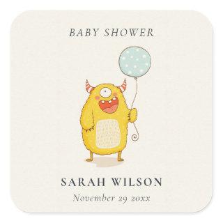 Cute Little Aqua Yellow Happy Monster Baby Shower Square Sticker