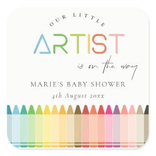 Cute Little Artist Crayon Fun Rainbow Baby Shower Square Sticker